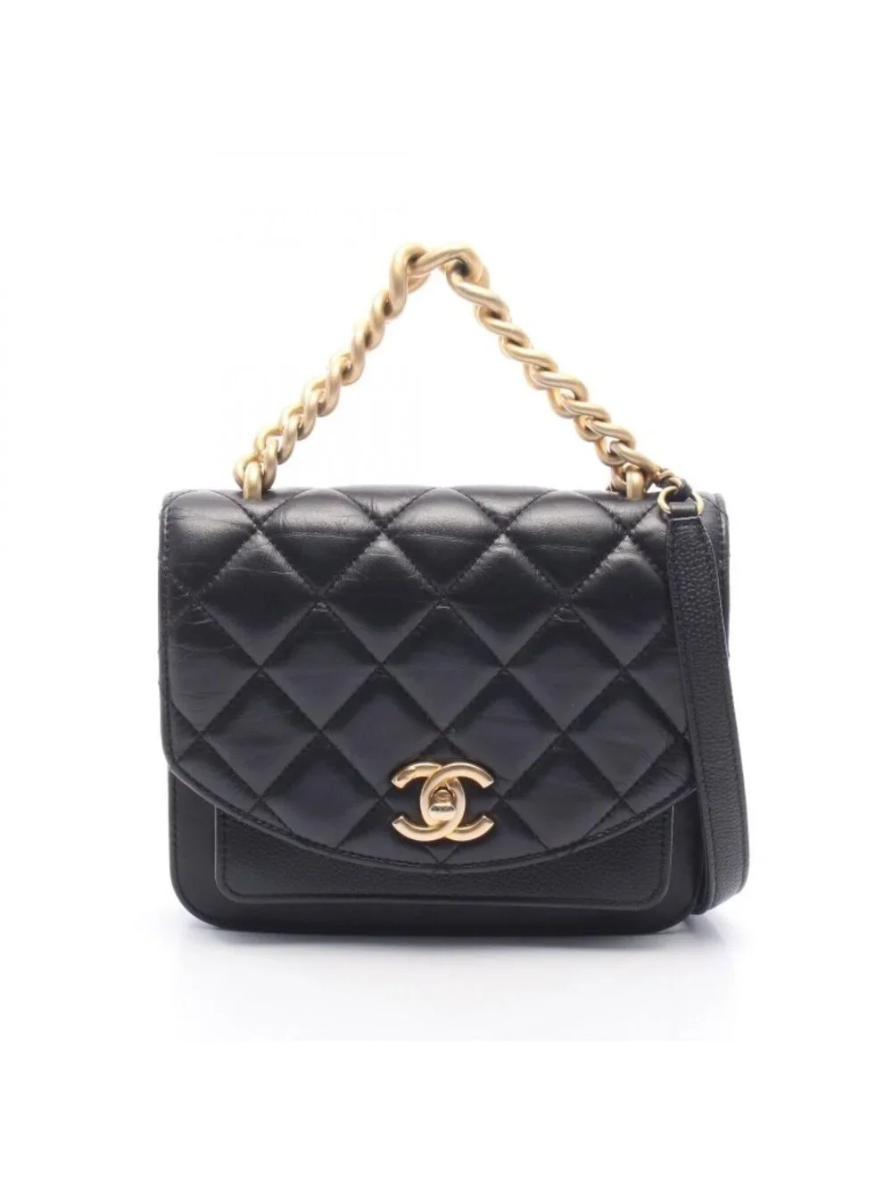Chanel Shoulder Bag Quilted Black Lambskin Trichomaterial Small Chain